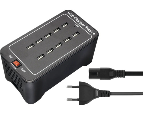 USB Ladestation mit zehn USB Anschlüssen und zwei Stromkabeln