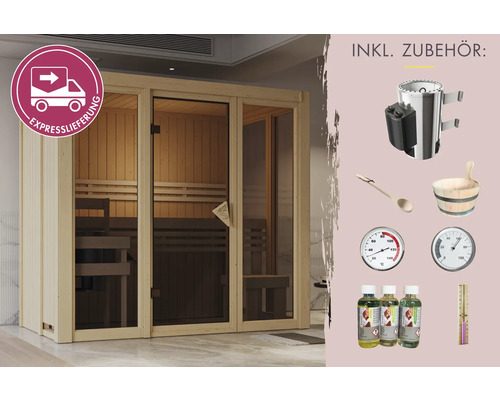 Plug & Play Sauna Karibu Rapido 2 inkl. 3,6 kW Ofen inkl. integrierter Steuerung ohne Dachkranz mit bronzierte Ganzglastür Sauna mit Zubehör, inklusive Saunaofen, Holzkübel, Holzlöffel, Thermometer, Hygrometer und Saunaaufguss