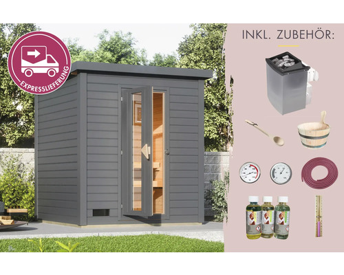 Saunahaus Karibu Andale 2 inkl. 9 kW und integrierter Steuerung mit Holztüre und Isolierglas Klarglas terragrau Graue Gartensauna mit Zubehör und Expresslieferung