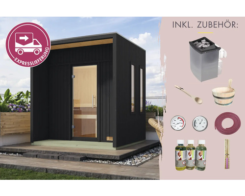 Saunahaus Karibu Presto inkl. 9 kW und integrierter Steuerung mit Ganzglastüre aus Klarglas schwarz Außensauna mit Zubehör und Expresslieferung