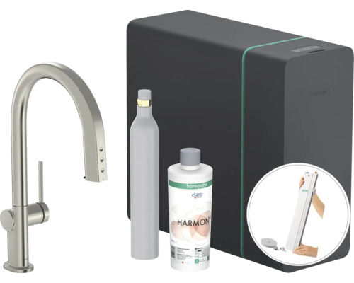 hansgrohe Küchenarmatur mit Filterfunktion SodaSystem AQITTURA M91 edelstahl gebürstet mit Schlauchbox, Filterkopf, Mineralisierungskartusche Harmony mit Filter, CO2 Flasche und SodaBase76806800 Hansgrohe Aquafilter System mit Armatur, Filterflasche und Reinigungsflasche