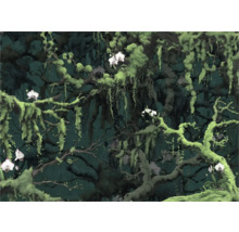 Papier peint avec motif de jungle, branches, mousse et orchidées