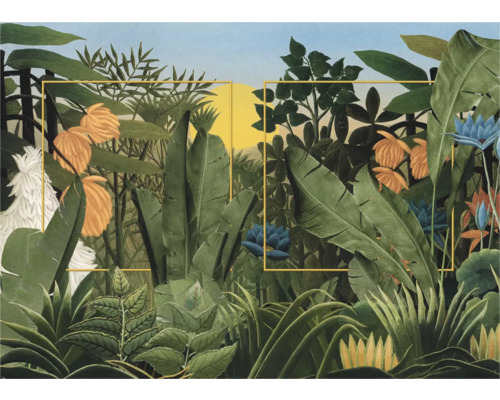 Illustration d''un paysage de jungle dense avec des plantes tropicales et un cadre rectangulaire