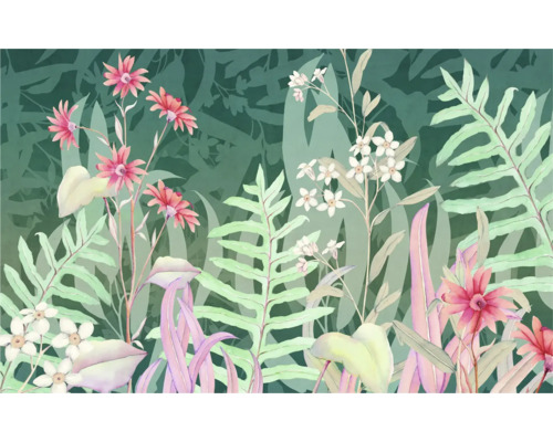 Papier peint panoramique intissé FLX8-003 The Flower Duet 8 pces 250 x 400 cm Papier peint floral avec motif de fougères et de fleurs