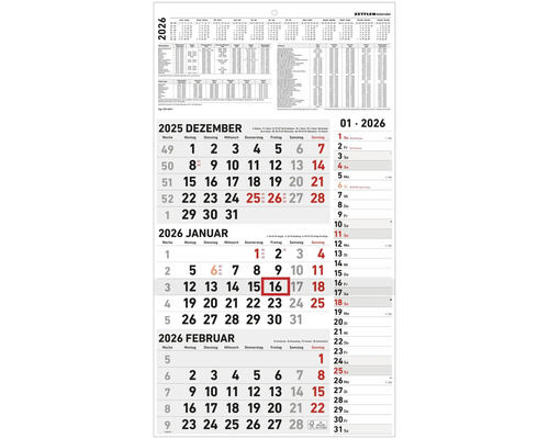 Wandkalender mit Monatsübersicht Dezember 2025, Januar und Februar 2026