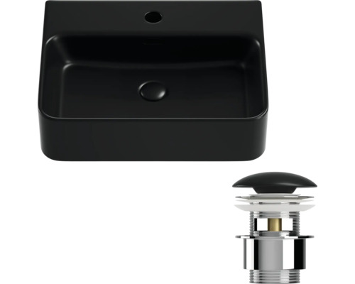 Vasque à poser noire en céramique avec garniture de vidange