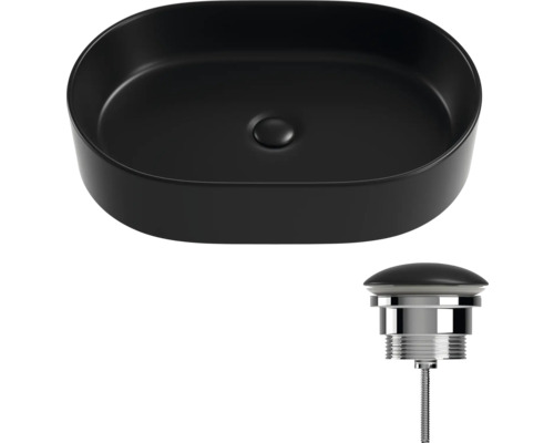 Vasque à poser noire en céramique avec garniture de vidange
