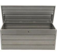 Geöffnete Gartenbox zur Aufbewahrung aus Metall
