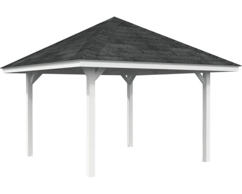 Pavillon avec toit en bardeau et poteaux blancs