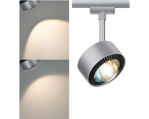 Silberne Stromschienenleuchte mit Lichtkegel