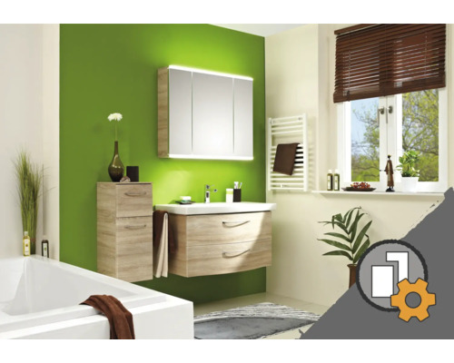 Configurateur de meubles de salle de bains Pelipal Sunline 114 Salle de bains lumineuse avec lavabo, armoire de toilette et étagère de rangement