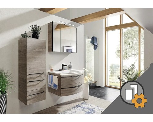 Configurateur de meubles de salle de bains Pelipal Sunline 127 Salle de bain avec lavabo, armoire de toilette et armoire haute aspect bois