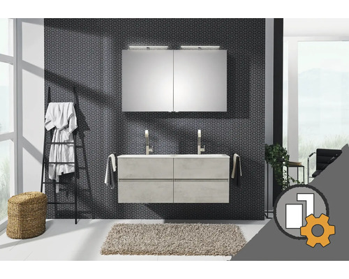 Badezimmer mit Waschtisch, Spiegelschrank und Handtuchleiter