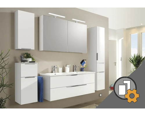 Configurateur de meubles de salle de bains Jungborn VENTUNO Ensemble de salle de bains moderne avec meubles blancs, double vasque et armoire de toilette avec éclairage.
