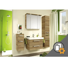 Salle de bains avec meuble sous-lavabo, armoire de toilette et armoire haute aspect bois