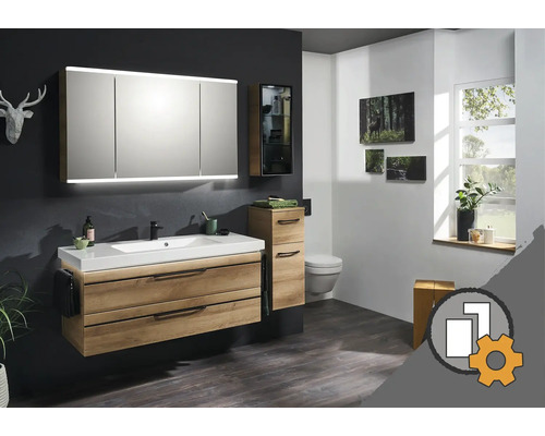Configurateur de meubles de salle de bains Jungborn TREDICI Salle de bain avec meuble sous-vasque, armoire de toilette, armoire haute et WC suspendu pour une ambiance élégante