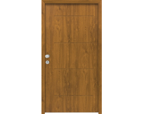 Porte d'entrée de logement Splendoor L1 acier 1100x2060 mm Golden Oak DIN gauche (ouvrant vers l'intérieur) RC 2 avec kit de ferrures et cylindre profilé avec 3 clés, vis de montage Porte en bois avec rainures horizontales et quincaillerie de porte