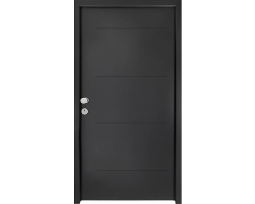 Porte d'entrée de logement Splendoor L1 acier 950x2000 mm gris anthracite DIN gauche (ouvrant vers l'intérieur) RC 2 avec kit de ferrures et cylindre profilé avec 3 clés, vis de montage Porte intérieure noire avec quatre lignes décoratives horizontales, poignée de porte et serrure