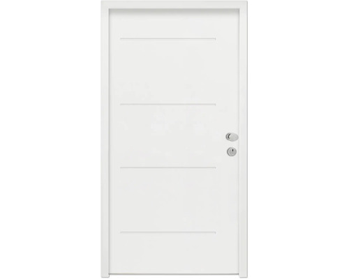 Porte d'entrée de logement Splendoor L1 acier 950x2000 mm RAL 9016 blanc signalisation DIN droite (ouvrant vers l'intérieur) RC 2 avec kit de ferrures et cylindre profilé avec 3 clés, vis de montage Porte intérieure blanche avec rainures horizontales et poignée de porte