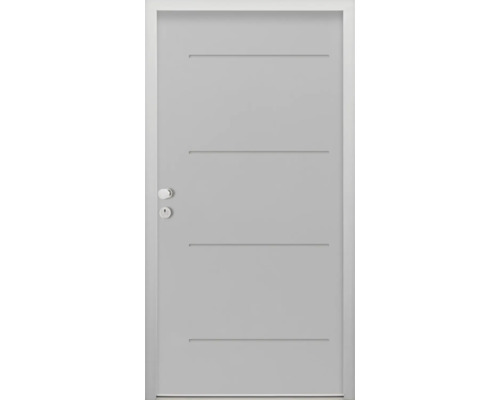 Porte d'entrée de logement Splendoor L1 acier 950x2000 mm RAL 7042 gris signalisation DIN gauche (ouvrant vers l'intérieur) RC 2 avec kit de ferrures et cylindre profilé avec 3 clés, vis de montage Porte intérieure moderne avec quatre rainures décoratives horizontales, y compris la serrure et la garniture de poignée