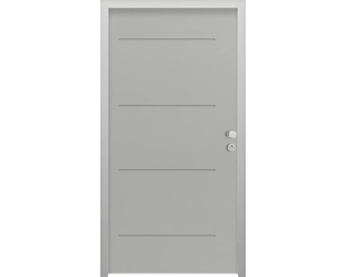 Porte d'entrée de logement Splendoor L1 acier 950x2000 mm RAL 7042 gris signalisation DIN droite (ouvrant vers l'intérieur) RC 2 avec kit de ferrures et cylindre profilé avec 3 clés, vis de montage Porte intérieure moderne avec quatre rainures décoratives horizontales