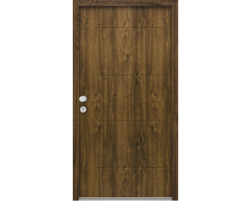 Holztür mit drei horizontalen Zierlinien, Türgriff und Schlüsselloch