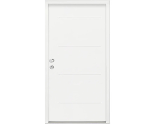 Porte intérieure blanche avec rainures décoratives horizontales et poignée de porte