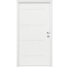 Porte intérieure blanche avec lignes décoratives horizontales et garniture de porte