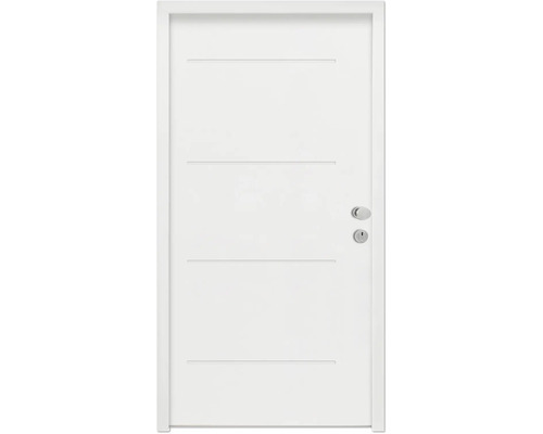 Porte intérieure blanche avec lignes décoratives horizontales et garniture de porte