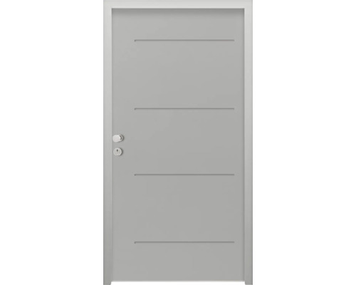 Porte intérieure grise avec rainures décoratives horizontales, poignée de porte et trou de serrure.