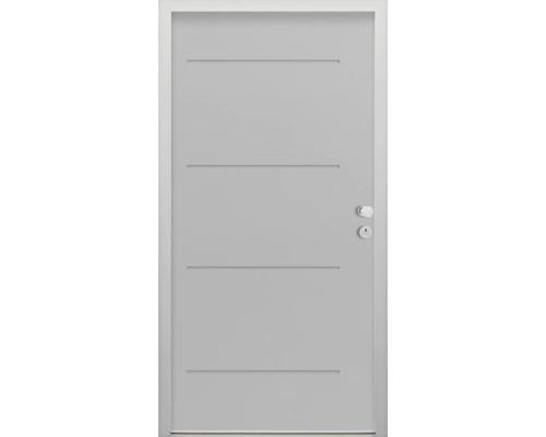 Porte d'entrée de logement Splendoor L1 acier 970x2000 mm RAL 7042 gris signalisation DIN droite (ouvrant vers l'intérieur) RC 2 avec kit de ferrures et cylindre profilé avec 3 clés, vis de montage Porte intérieure moderne avec quatre rainures horizontales et garniture de porte