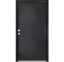Porte intérieure noire avec lignes décoratives horizontales, poignée de porte et trou de serrure