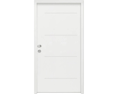 Splendoor Wohnungseingangstür L1 Stahl 1020x2000 mm RAL 9016 verkehrsweiß DIN Links (nach innen öffnend) RC 2 inkl. Beschlagset und Profilzylinder mit 3 Schlüssel,Montageschrauben Weiße Innentür mit horizontalen Zierlinien, Türgriff und Schloss