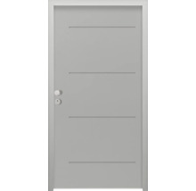 Porte intérieure grise avec rainures horizontales et ferrures