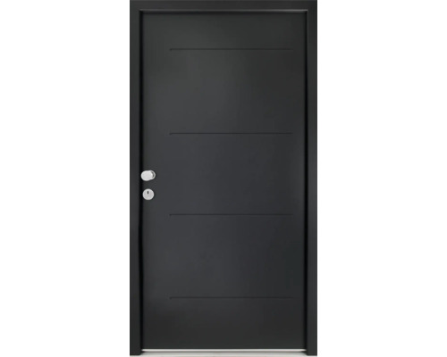 Porte d'entrée de logement Splendoor L1 acier 1100x2000 mm gris anthracite DIN gauche (ouvrant vers l'intérieur) RC 2 avec kit de ferrures et cylindre profilé avec 3 clés, vis de montage Porte intérieure noire avec quatre rainures horizontales, poignée de porte et trou de serrure