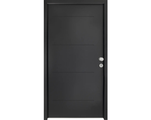 Schwarze Innentür mit horizontalen Zierlinien und Türgriff