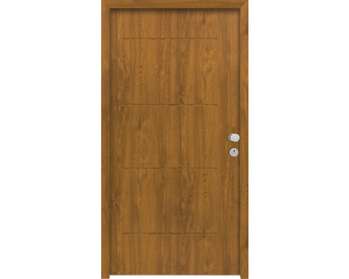 Holztür mit horizontalen Fräsungen und Türbeschlag