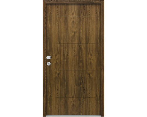 Holztür mit horizontalen Rillen und Türgriff