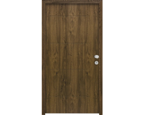 Holztür mit horizontalen Rillen und Türbeschlägen