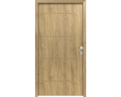 Porte d'entrée de logement Splendoor L1 acier 1100x2000 mm chêne DIN droite (ouvrant vers l'intérieur) RC 2 avec kit de ferrures et cylindre profilé avec 3 clés, vis de montage Porte en bois avec quatre rainures décoratives horizontales et garnitures de porte