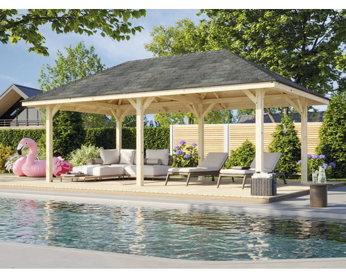 Pavillon de jardin en bois avec mobilier et piscine