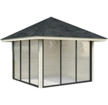 Pavillon de jardin en bois avec toit et portes coulissantes en verre
