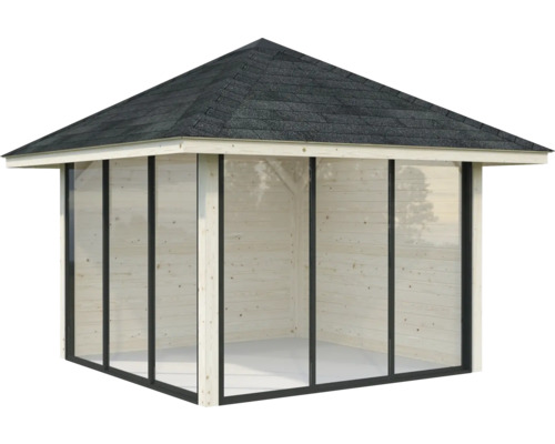 Pavillon de jardin en bois avec toit et portes coulissantes en verre