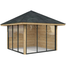 Gartenpavillon mit Holzwänden, Glasfenstern und Ziegeldach