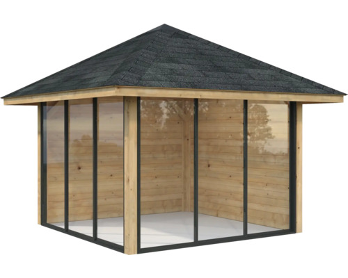 Gartenpavillon mit Holzwänden, Glasfenstern und Ziegeldach