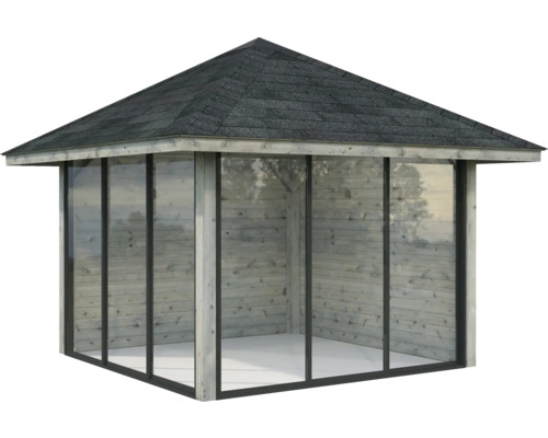 Holzpavillon mit geschlossenem Dach und Glaswänden