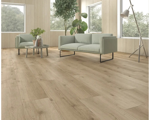 Salon lumineux avec sol stratifié, canapé et fauteuil