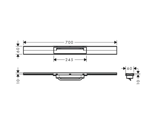 Technische Zeichnung einer Duschrinne mit Maßen.