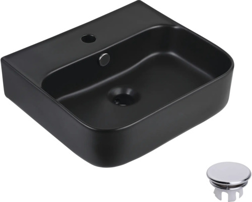 Schwarzes Keramikwaschbecken mit Ablaufgarnitur