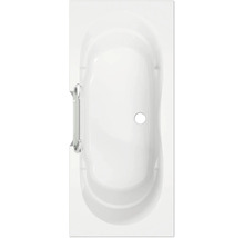 Weisse Badewanne von oben mit Ablauf und Haltegriffen